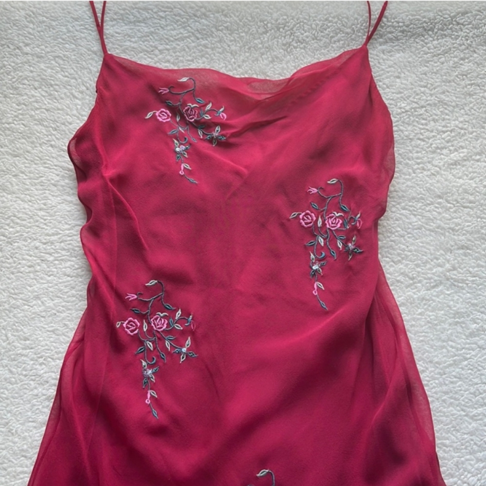 Betsey Johnson Vintage 90s Magenta Pink Silk Embroidered Midi Slip Dress Size 4